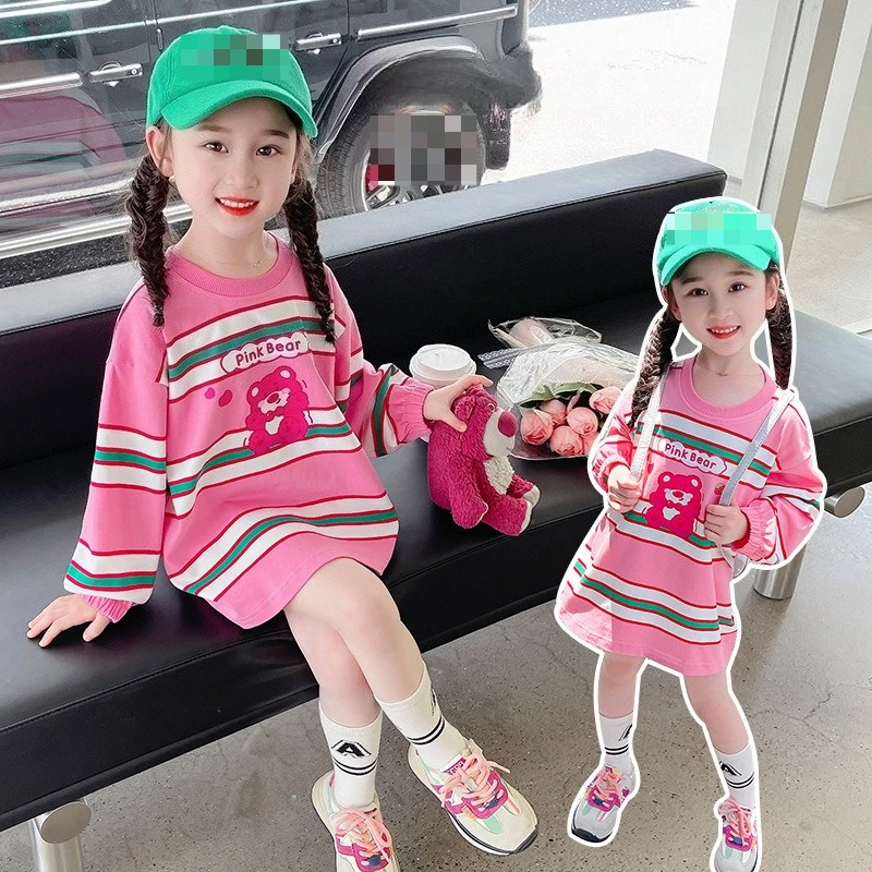 

Dopamine Strawberry Bear Dress, Girls Stripe Hoodie Gown Korean Fashion Princess Top Toddler Wear New Arrival