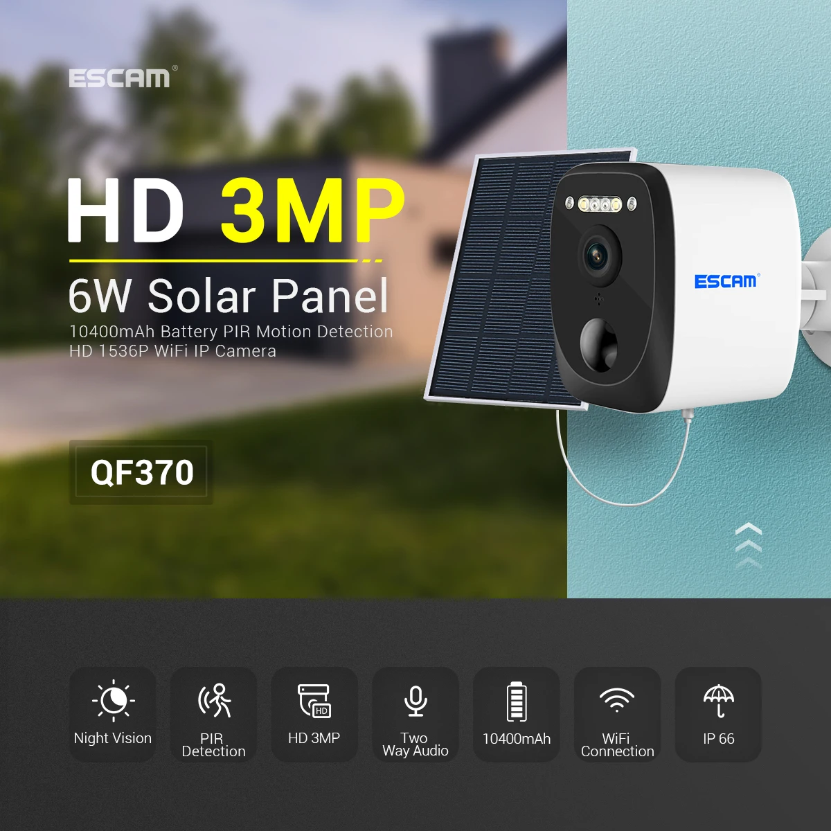 ESCAM QF370  3MP 1536P Ubox APP Solar Power Outoor IP Camera AI Humanoid Detection Home Security CCTV Baby Monitor