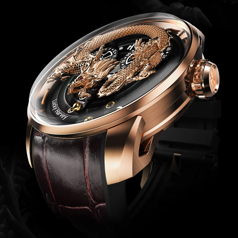 Lucky Harvey China Dragon Mechanical Men Watches Automatic Mechanical Luxury Sapphire Mirror Man Watch Vintage