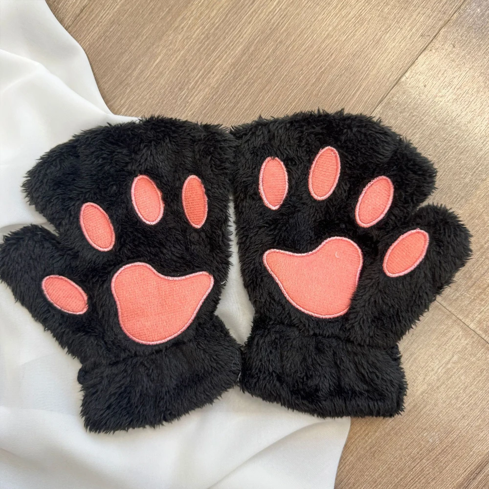 1 Pair of Soft Cute Cat Paw Fingerless Gloves, Thickened Lamb Wool with Bear Paw Print Design, Suitable for Students, Office Work, Typing, Touchscreen Use Without Blocking Fingertips, Autumn and Winter Outdoor Photography, Cute Style, Windproof and Warm Wrist Protection Gloves