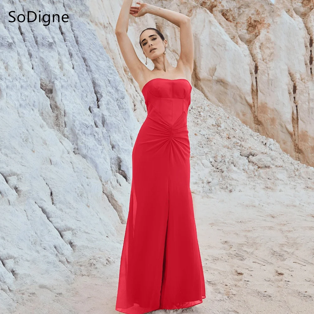 SoDigne Chic Red Chiffon Prom Dresses Strapless Pleats Sleeveless Party Dress Mermaid Side Slit Prom Gowns Customized