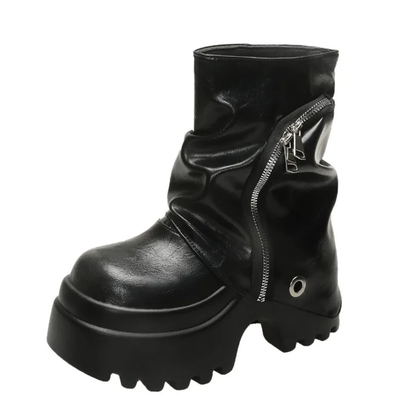 المرأة الخريف الشتاء الجلود حذاء من الجلد 9 سنتيمتر الكعوب منصة مكتنزة أحذية قتالية جديدة عدم الانزلاق دراجة نارية أحذية امرأة فاسق الأحذية