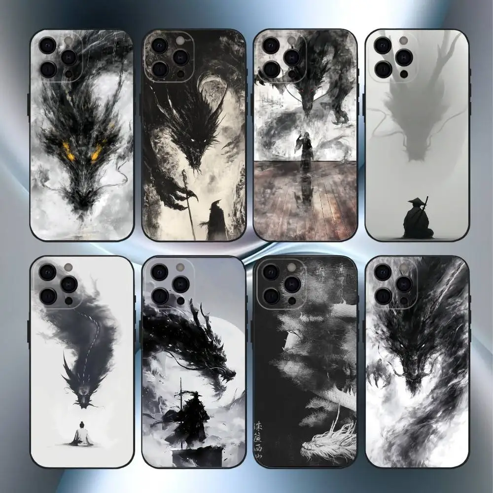 Dragon Pattern Ink Brush Painting Phone Case For iPhone17,16,15,14,13,12,11 Plus,Pro Max Soft Black Cover