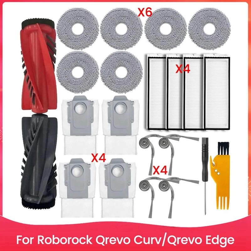 22PCS แปรงสูญญากาศกรองฝุ่นและผ้าซับชุดสําหรับ Roborock Qrevo Curv/Qrevo Edge เครื่องดูดฝุ่นเปลี่ยนชิ้นส่วน