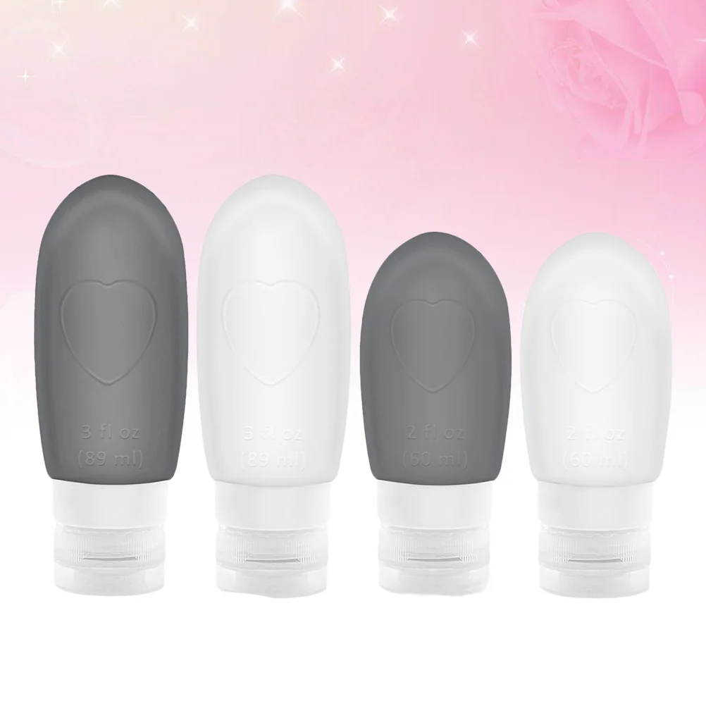

4Pcs Travel Bottles Portable Empty Silicone Shampoo Lotion Storage Heart Shape 60ml 90ml White Grey Leakproof Travel
