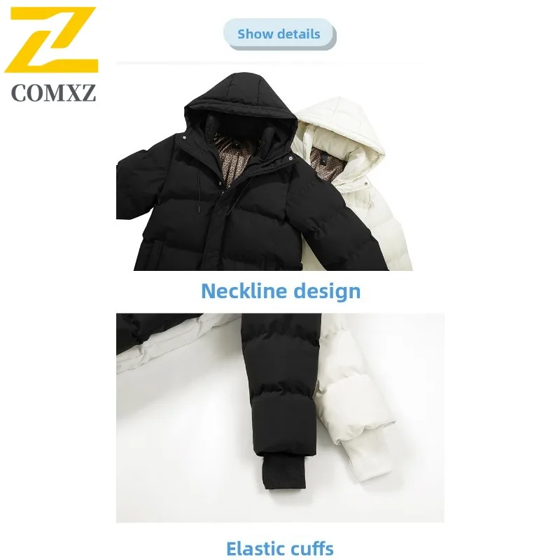 COMXZ Padded Jacket Mid-Length Korean Fashion Working Lightweight Parka Loose Hooded Thickened Warm Autumn Winter Trench Coat