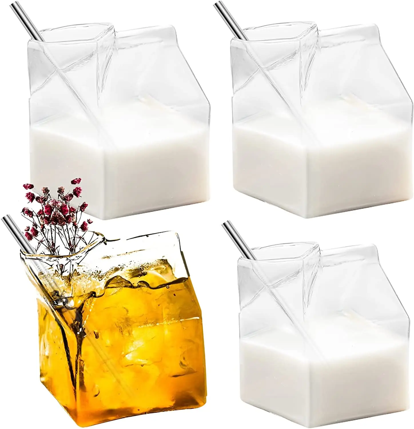 

350ml Cocktail Glasses Glass Milk Carton Creamer 12oz Martini Glasses Creative Milk Box Shape Cups