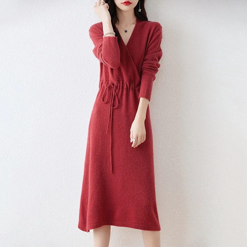 100% Wool Knitting Dresses Women 2023 Winter New Fashion Length-keen Warm&Best Quality Female V-neck Cloth Chinese Style Skirt