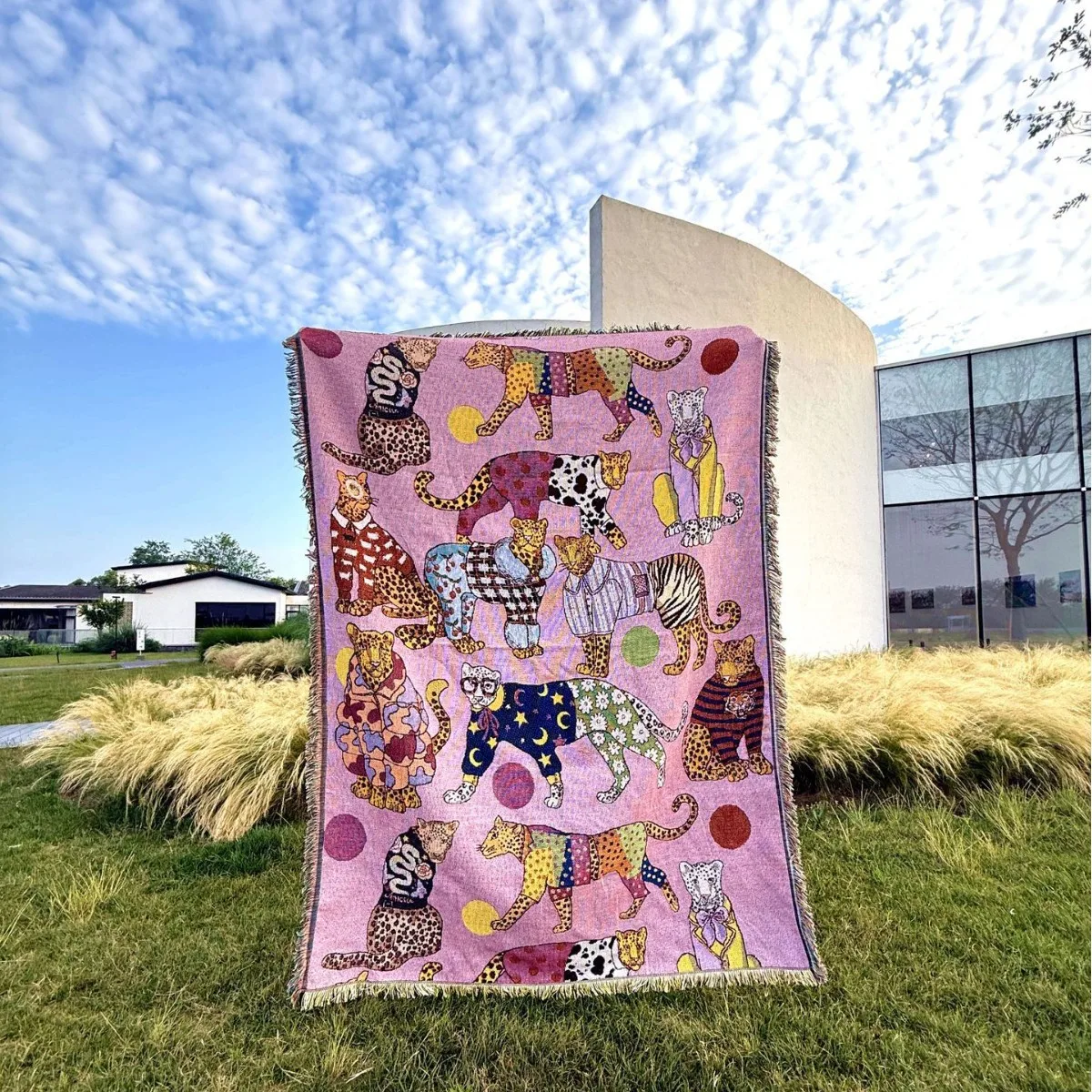 Eklektische Leopardenmuster-Tapisserie-Decke Boho-Chic Rosa Gewebter Überwurf mit Buntem Retro-Tiermuster Statement-Sofaüberwurf