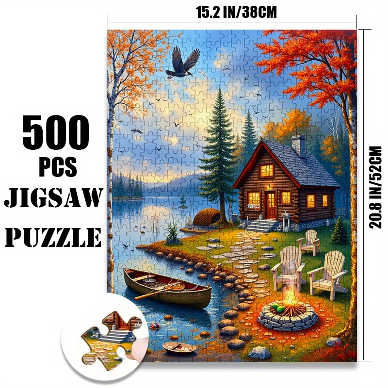 500 또는 1000피스 대형 직소 퍼즐 - 가을 잎사귀가 있는 호숫가 통나무집 가을 풍경, 성인용 긁힘 방지 종이 퍼즐