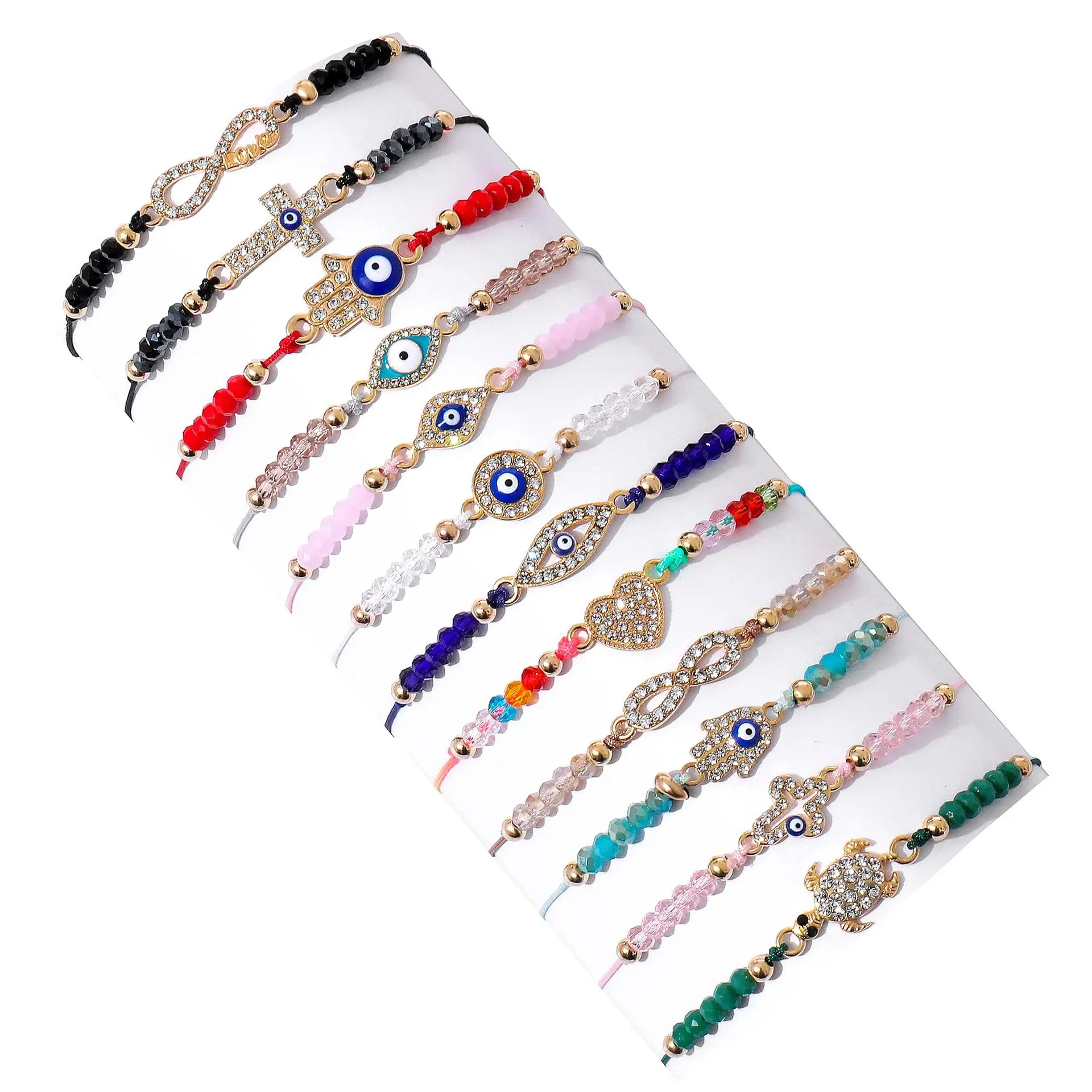 12PCS Mixed Resin Devil's Eye Bracelet Women's Fashion Rhinestone Alloy Adjustable Woven Bracelet Gift