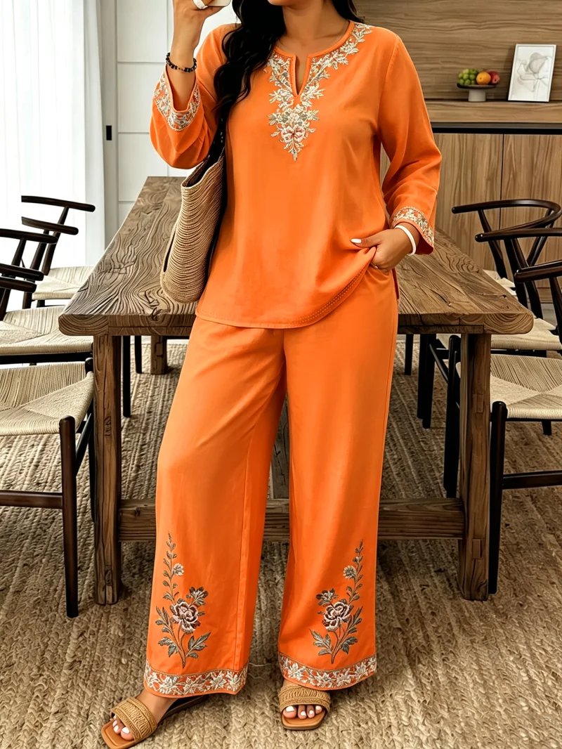 Women's V-neck Long Sleeve Wide Leg Pants Set Loose Fitting Casual Home Two Piece Set Ethnic Style Meat Blocking