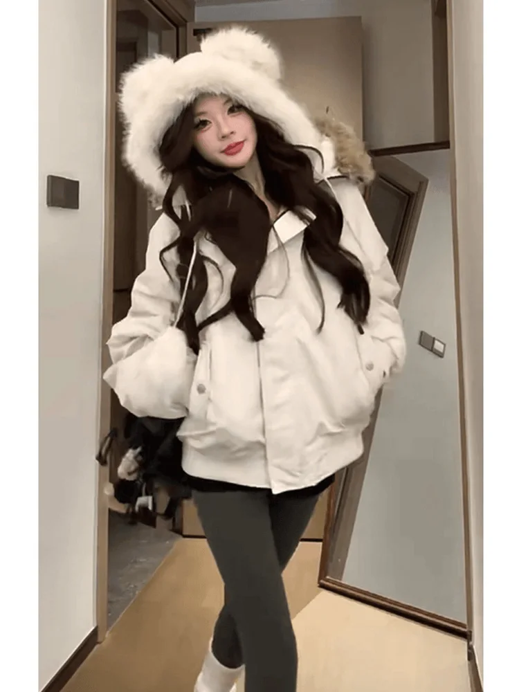 

Warm Fleece Lined American Style Women's Cotton Jacket with Fur Collar Hooded Workwear Coat Short Straight Korean Version