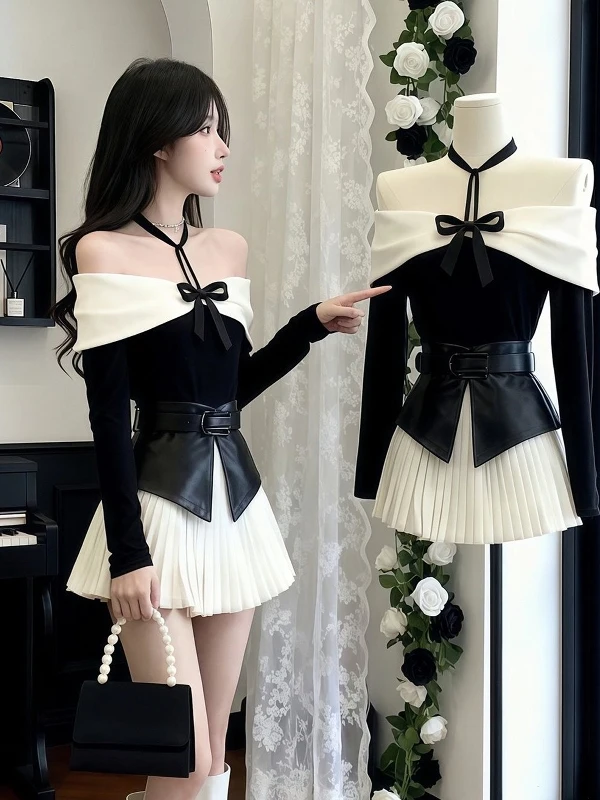 

Sexy Hollow out Shoulder Long Sleeve T-Shirt Skirt Two Piece Set Diamond Button Hole Neck Design Half Skirt High Waist Butter...