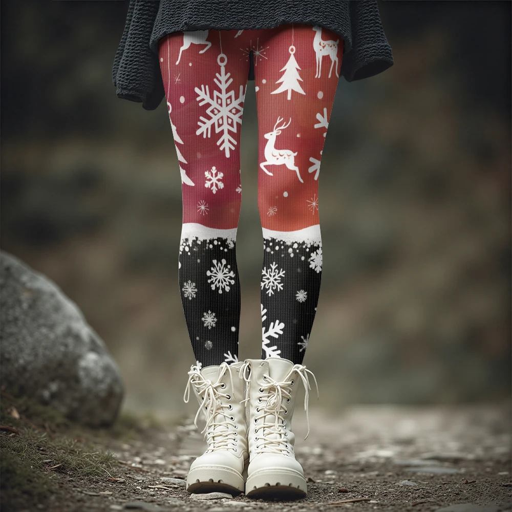 Snowflake Reindeer Print Thick Warm Winter Yoga Pants Women's Christmas Leggings Holiday Party Tights Hip Hop Streetwear