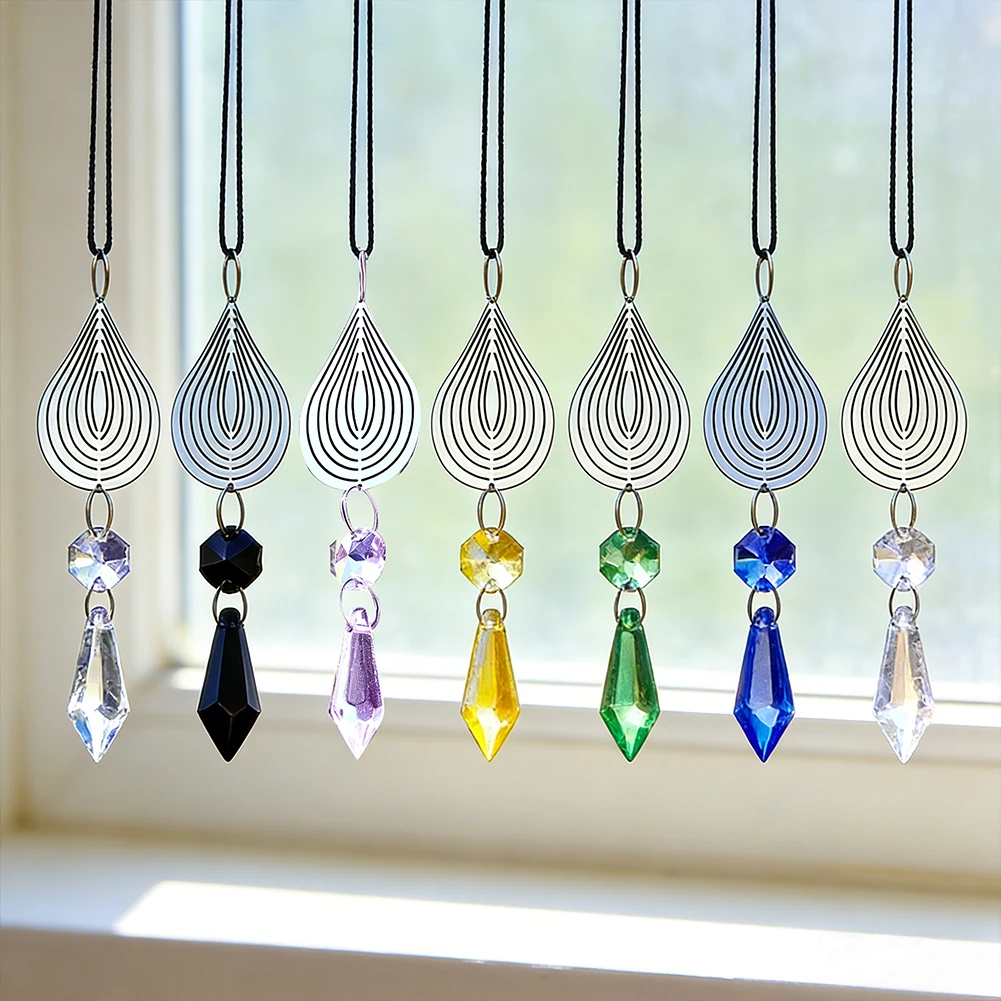 Multi Color Openwork Metal Stainless Steel Teardrop Crystal Pendant Sunlight Catcher Balcony Garden Hanging Decorative Accessory