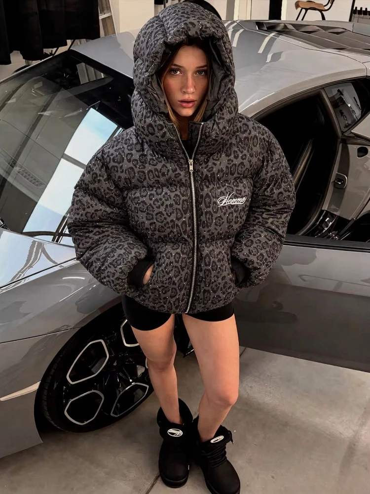 Winter Subculture Women's Leopard Print Coats Oversized Thick Warm Cotton Parkas Hooded Warm Streetwear Y2K Loose Casual Jacket
