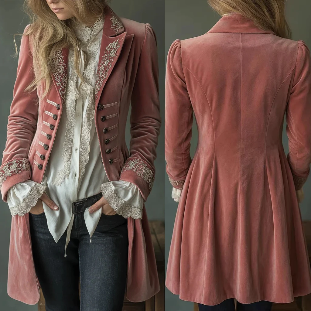 

Vintage Victorian Rococo Velvet Pink Jacket Costume Blazer Women Gothic Steamlunk Lace Jacket Elegant Long Sleeve Slim Coat
