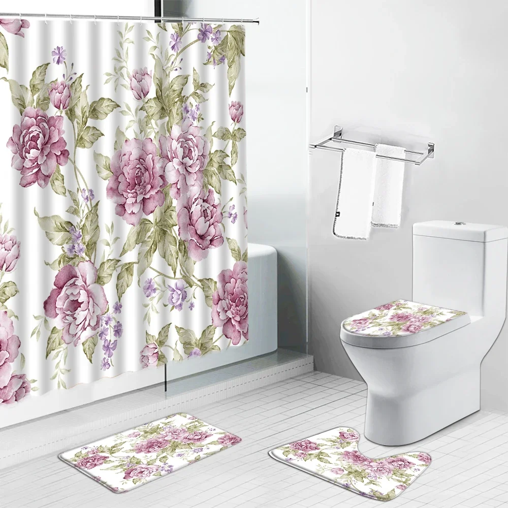 Red Flowers Elegant Print Shower Curtain Set Non-slip Bath Mat Women Bathing Bathroom Decor Pedestal Rug Lid Carpet Toilet Cover