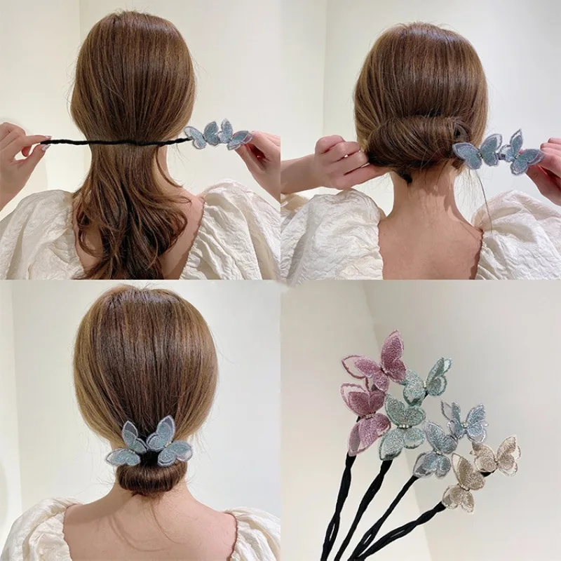 

Chiffon Butterfly Hair Styling Tool Ball Head Flower Bud Head Bun Maker Bow Pearl Hairpin Lazy Hair Dish Artifact Braid Braiders