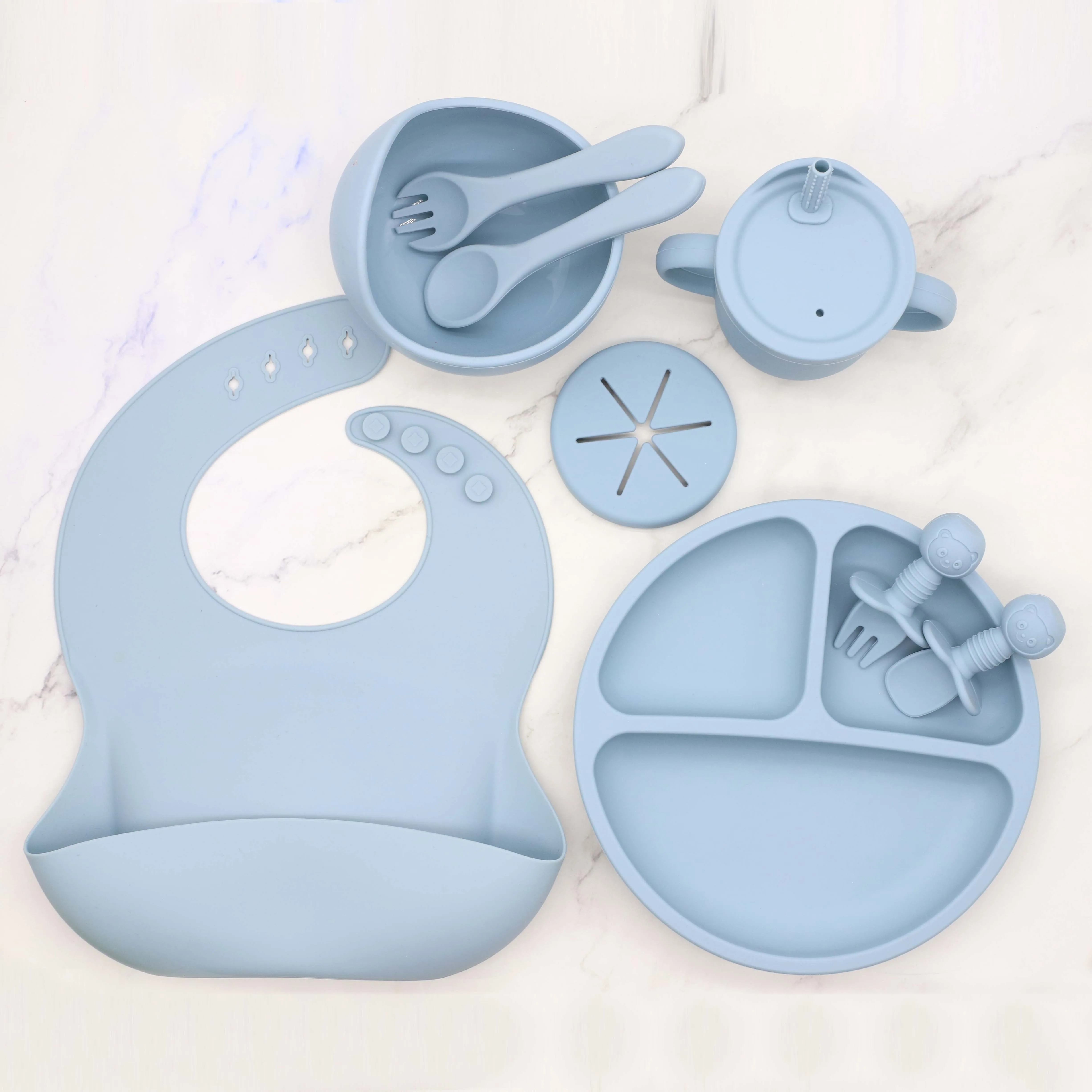 

New food grade silicone tableware 8-piece bib bowl dinner tray with suction cup 2-in-1 water cup spoon and fork set