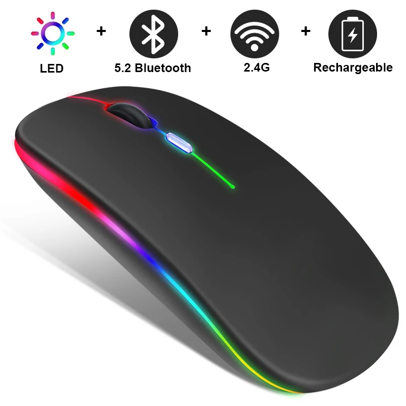 Rato sem fio Bluetooth original para laptop, computador tablet, LED, USB recarregável, mouse para jogos, 3600DPI