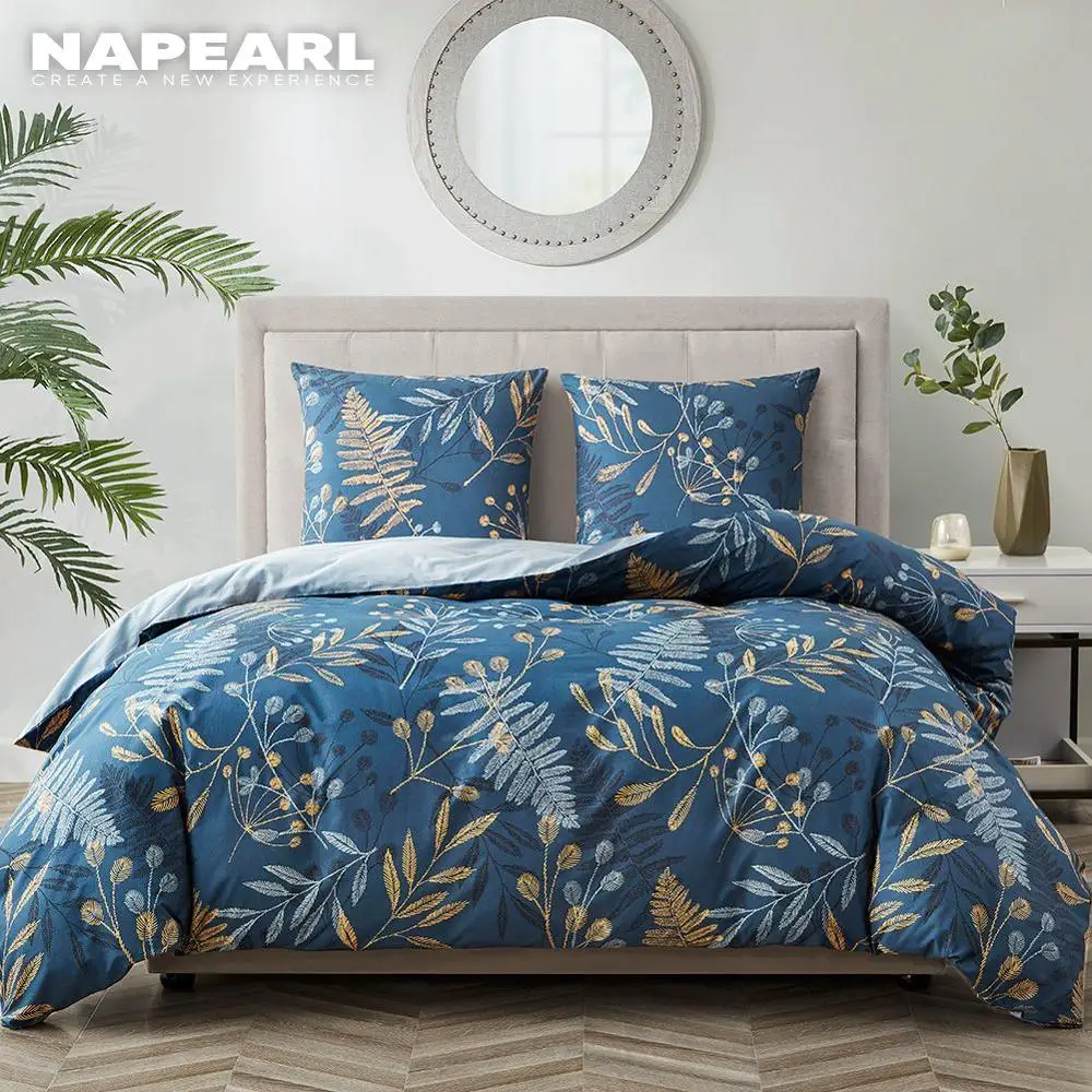 NAPEARL 3PCS 4PCS Blue Plant Printed Cotton Bed Sets Duvet Cover Soft Comforter Sets Bed Linen for Bed Bedroom Decoration