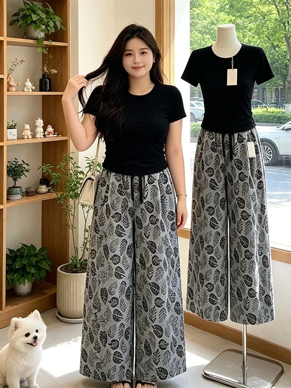 

plus Size Black Short Sleeve Floral Print Casual Pants Set Women Summer New Style Slimming Two Piece Set High Waist Loose Fit