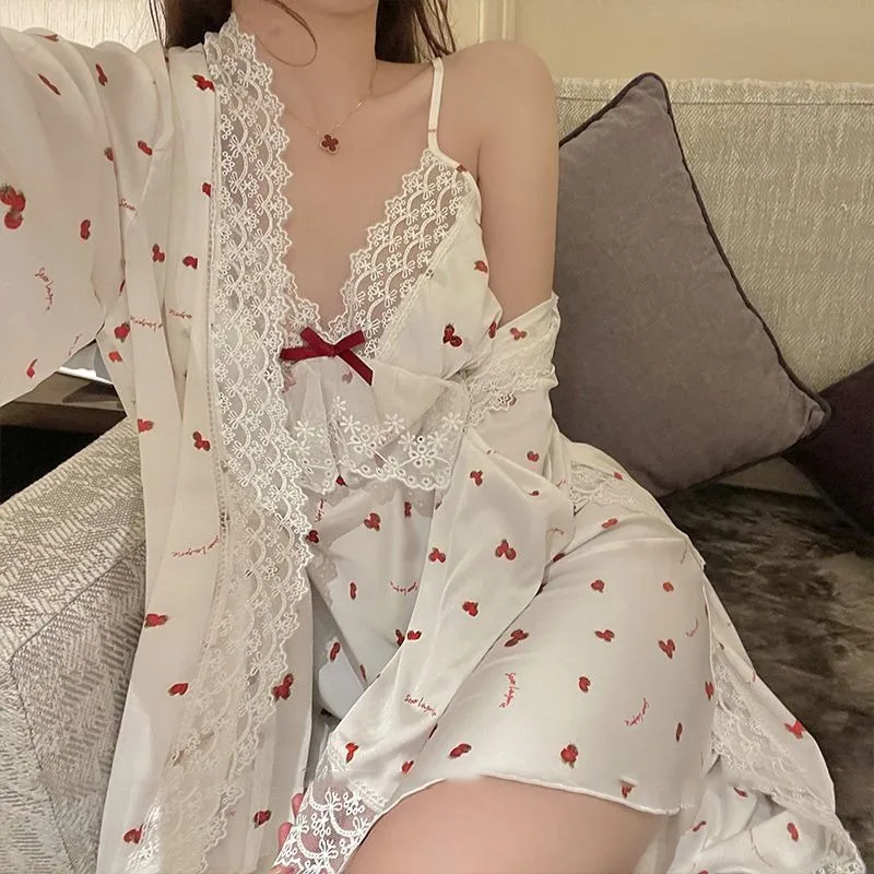 Two Piece Set of Ice Silk Pajamas with Chest Pads Long Sleeved Sweet Loungewear Lace Girl Suspender Home Clothes Thin Night-robe