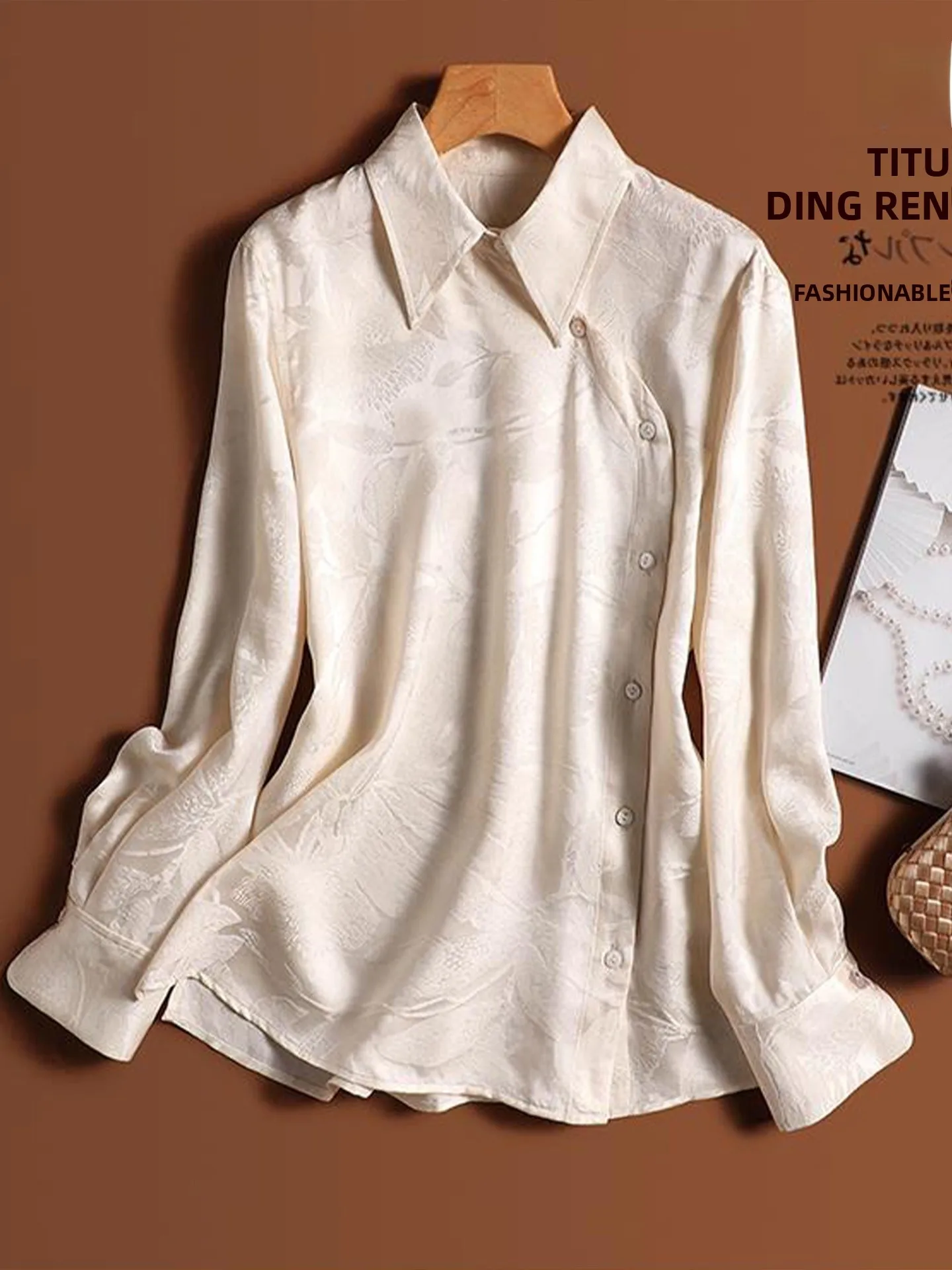 Elegancki kołnierzyk, efektowny haft, idealny do pracy, uniwersalny długi rękaw, koreański styl, prosty krój, jedwab.