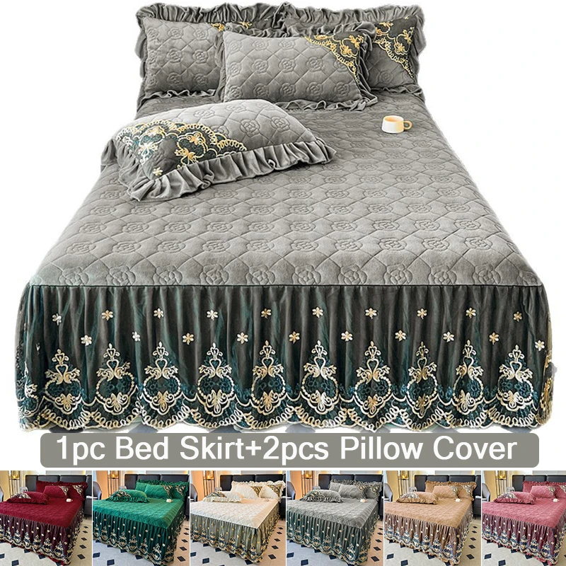 

3pcs Solid Color Quilted Bed Cover with Lace Ruffle - Soft Milk Velvet European Bed Skirt Set Anti-slip All-season Bedroom Decor