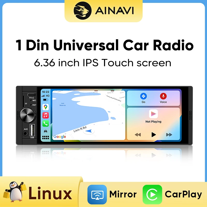 AINAVI 1 Din 6.36" HD touchscreen autoradio MP5-speler met bedrade Carplay/Android Auto Bluetooth FM-radio-ontvanger USB TF AUX-IN - afbeelding 2