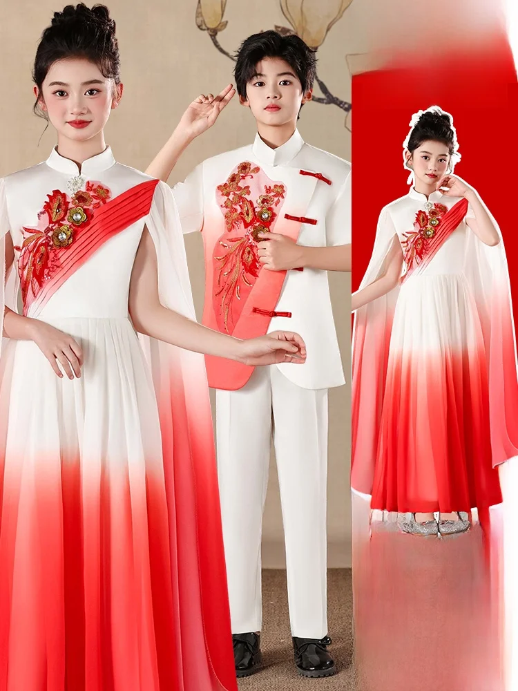 

Children's Performance Outfits National Love Poem Speech Red Color Elementary School Girls Traditional Chinese Yangqin Costume