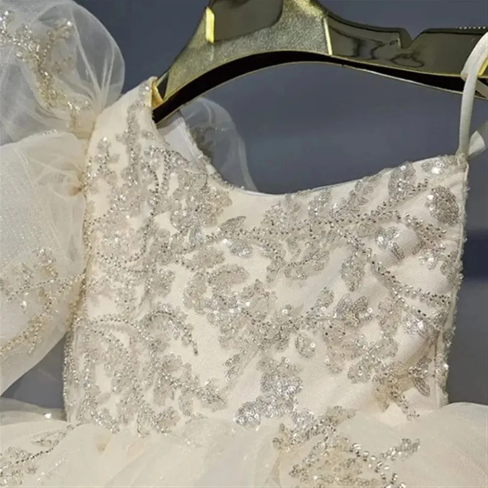 럭셔리 스팽글 플라워 걸 드레스 웨딩용 민소매 원숄더 퍼프 프린세스 생일 파티 무대 공연 볼 가운