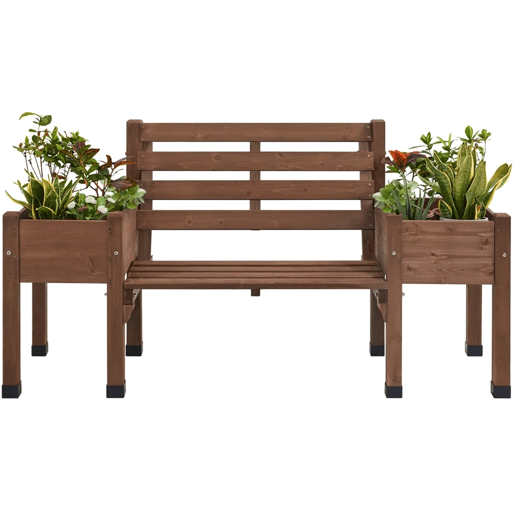 2 In 1 Houten Bank Met Dubbele Plantenbakken Voor Buiten, 38.5 "H, Bruin