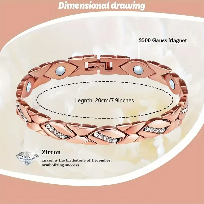 Vintage-Armband aus reinem Kupfer mit starkem Magneten für Frauen, Blattform mit CZ-Einlage, Kette, Party-Schmuck, Geschenke – Detail 1
