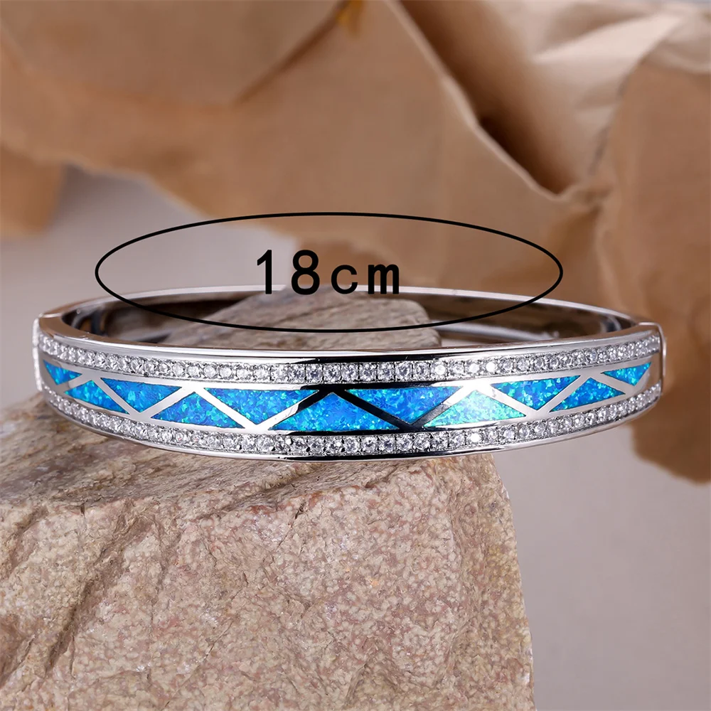 Blue Fire Opal Bangle Triangle Stone Bracelets For Women Vintage Fashion Silver Color Wedding Jewelry Engagement Accessory Gifts