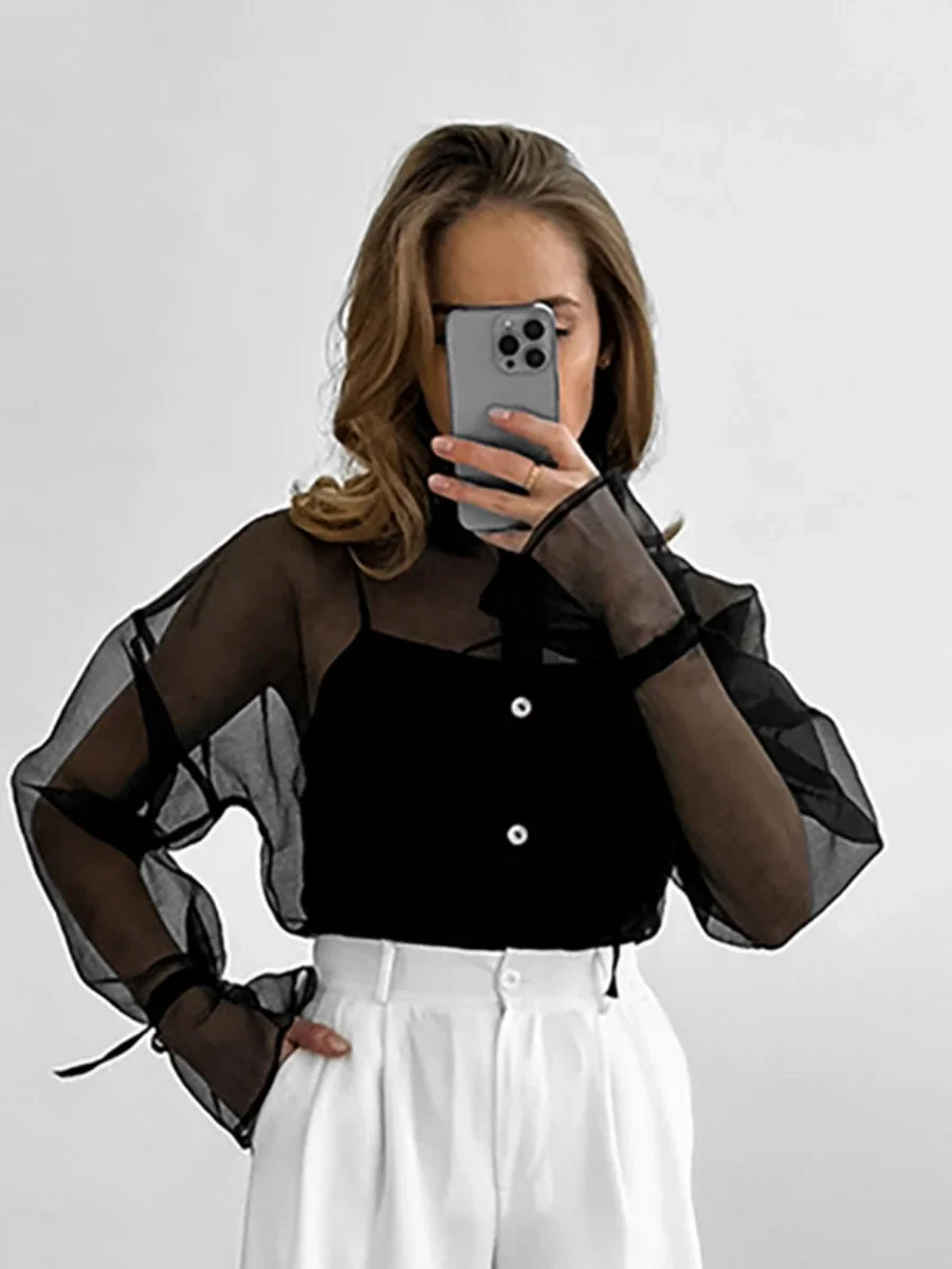 Bornladies Solid Color Mesh Sexy Lapel Shirt Stylish Ladies Long Sleeves Summer See Through Breathable Fashion Top Women's Shirt