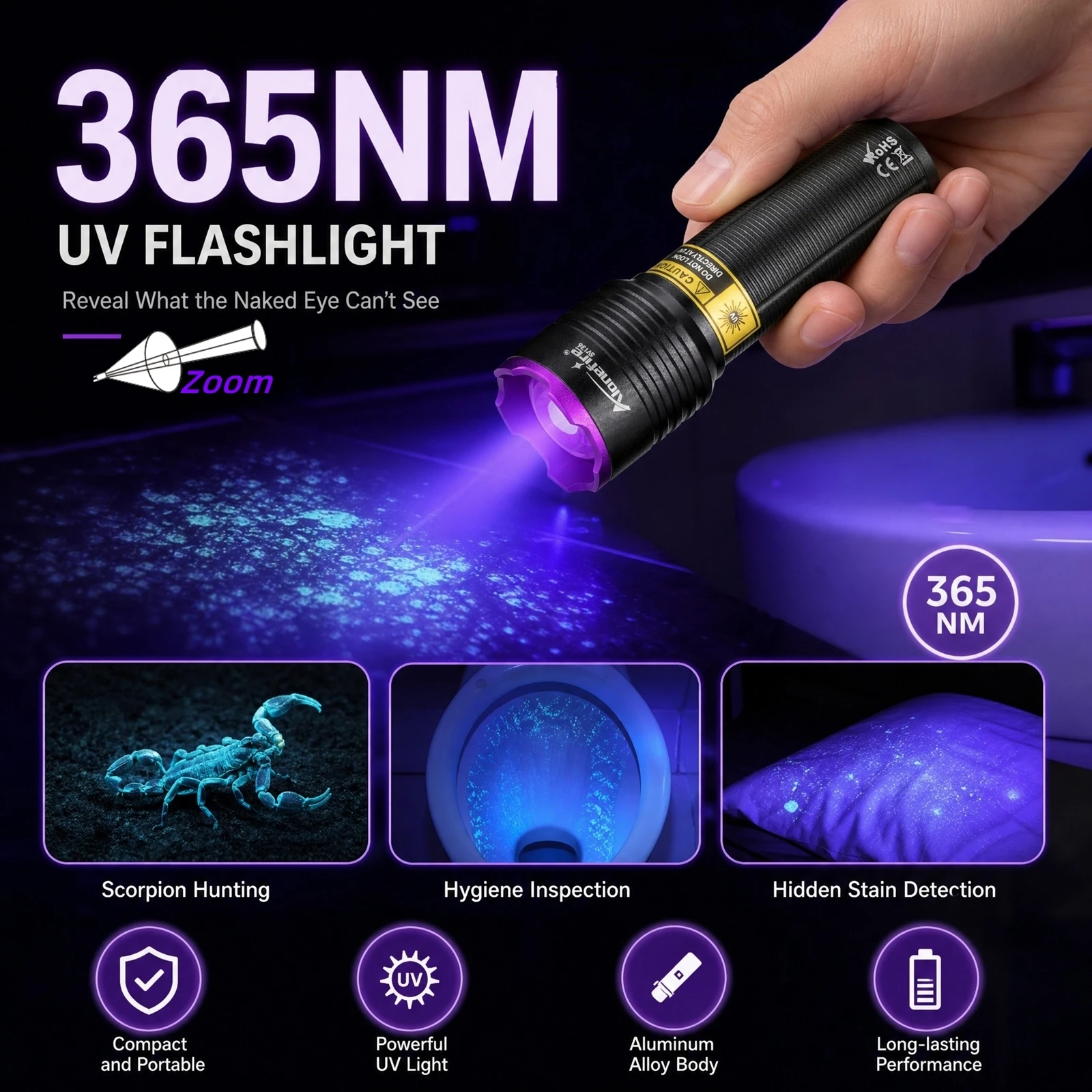 Alonefire Zoom 365nm/395nm Mini UV Led Light Flashlight Pet Cat Dog Urine Tinea Ore Money Jade Scorpion Detection Lamp Torch view 4