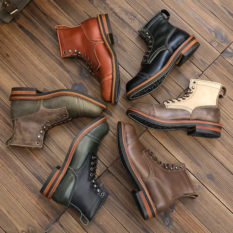 Top Laye Cowhide Leather Martin Boots Men Women Genuine Leather Botas High Top Shoes Outdoor Riding Large Size Tooling Shoes