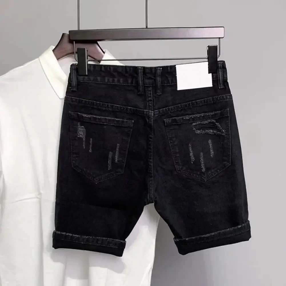 

Button Zipper Waist Shorts Stylish Men's Denim Shorts with Ripped Patchwork Pockets Knee-length Streetwear Fashion for Summer