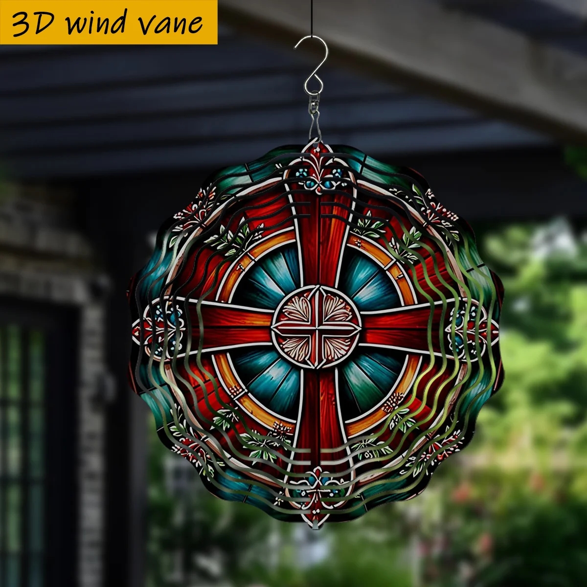 CIFbuy 3D Cross Floral Wind Chime, Colorful Glass 360 Rotating Hook, Easy Install Outdoor Garden Yard Patio Home Decor for Chris