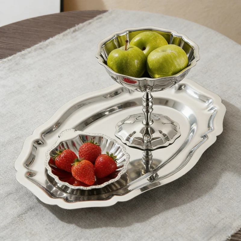 304 Stainless Steel Oval Lace Plate Russian Style Food Dessert Plate Fruit Dish Exquisite Cake Serving Tray Exquisite Tableware