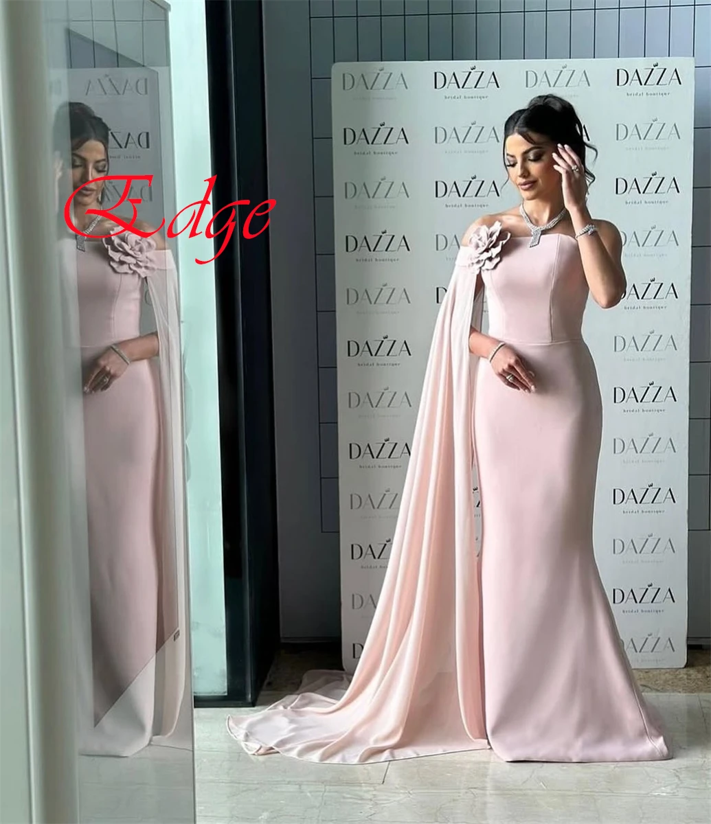 ที่กําหนดเองง่ายแชมเปญ Jersey ชุดราตรีคลาสสิก Strapless ปิดไหล่ผ้าคลุมไหล่ซิปด้านหลังดอกไม้ Homecoming Dress