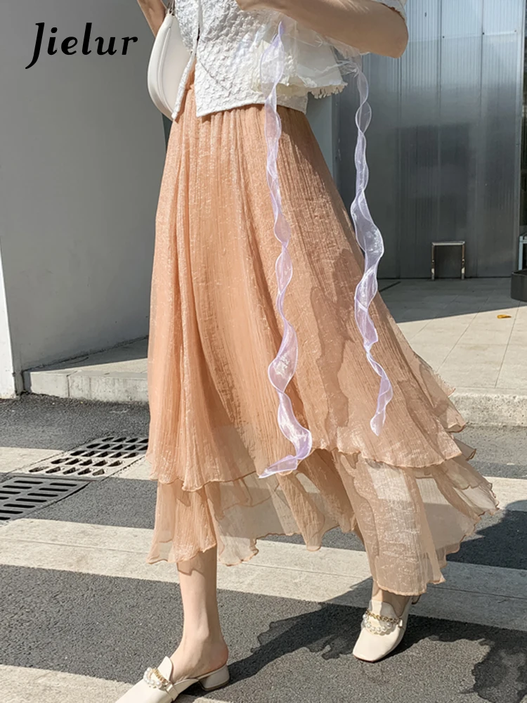 

Jielur Summer New Chic Gentle Fairy Slim Women's Skirt Solid Irregular Gauze A-line Skirts Fashion Ladies Elegant Skirts Female