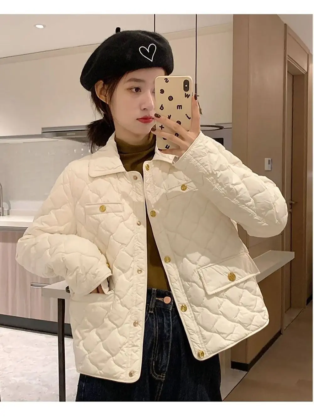 Casual Turn-down Collar Quilted Jackets for Women 2024 Lightweight Single-breasted Cotton Coats Autumn Winter Female Outerwear