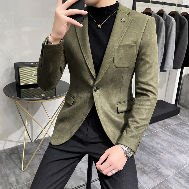 2022 Autumn Deerskin Velvet Jackets Blazer 6 Color Men Business Slim Fit Blazers Hommes Casual Leather Velvets Suit Jacket 4XL-M