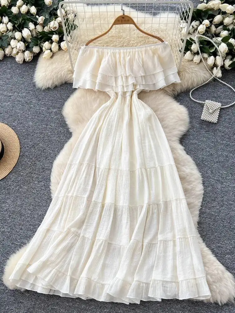 Women Sexy Off Shoulder Beach Dress Summer Lotus Leaf Splicing Waist Cinching Long Dresses Slim Vintage Boho Long Robe Vestidos