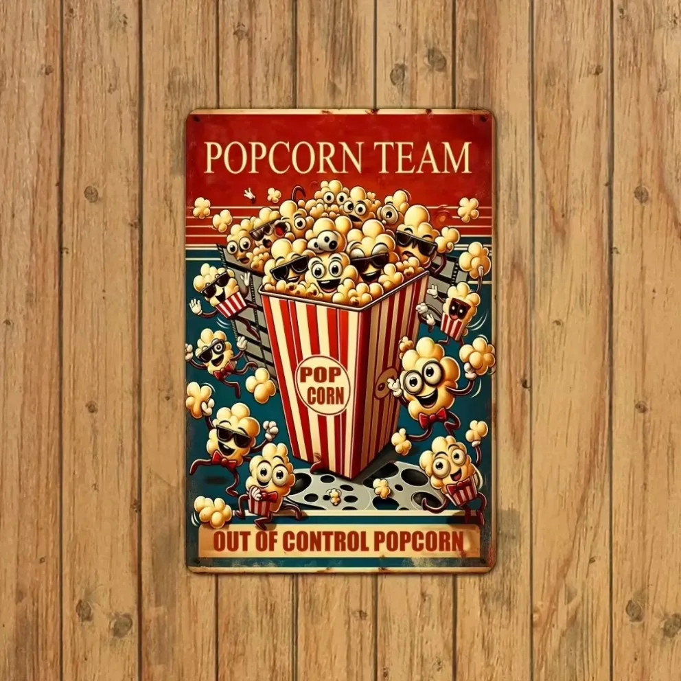 1 logotipo de metal "Equipo de palomitas de maíz", encantador arte de pared retro con personajes de palomitas de maíz de dibujos animados, perfecto para el hogar, perfecto para decoración de la habitación