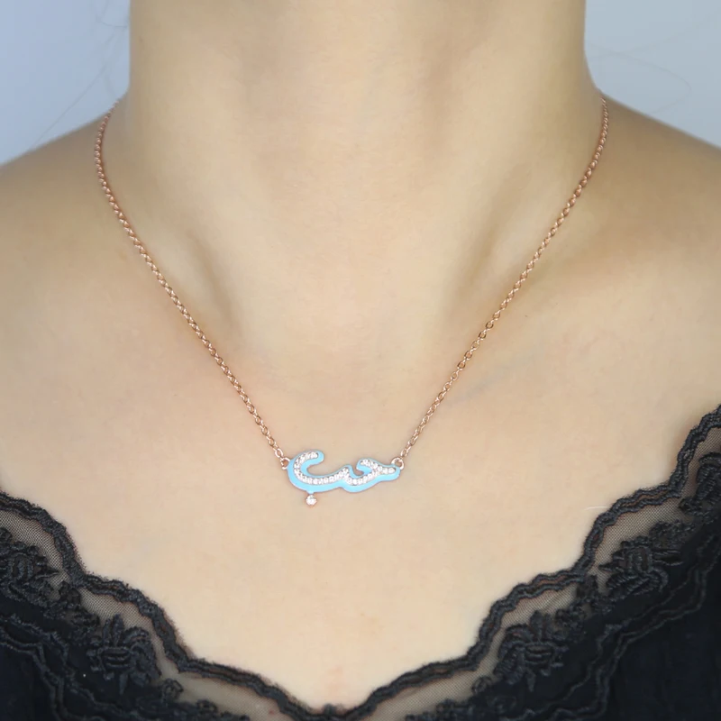 Rose Gold Plated Pastel Enamel 5A Cubic Zirconia CZ Arabic Love Letter Pendant Fashion Women Necklace Wholesale
